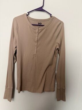 SO Ribbed Henley Long Sleeve Top Beige Neutral Fitted Basic Size L